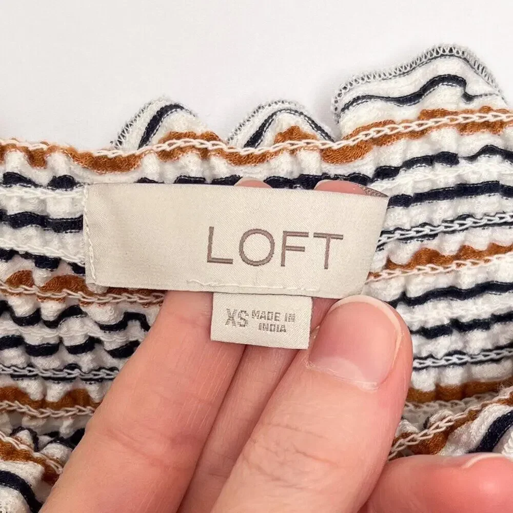 Loft Smocked Top Square Neck Puff Short Sleeves Ruffle Trim Size XS White Multi